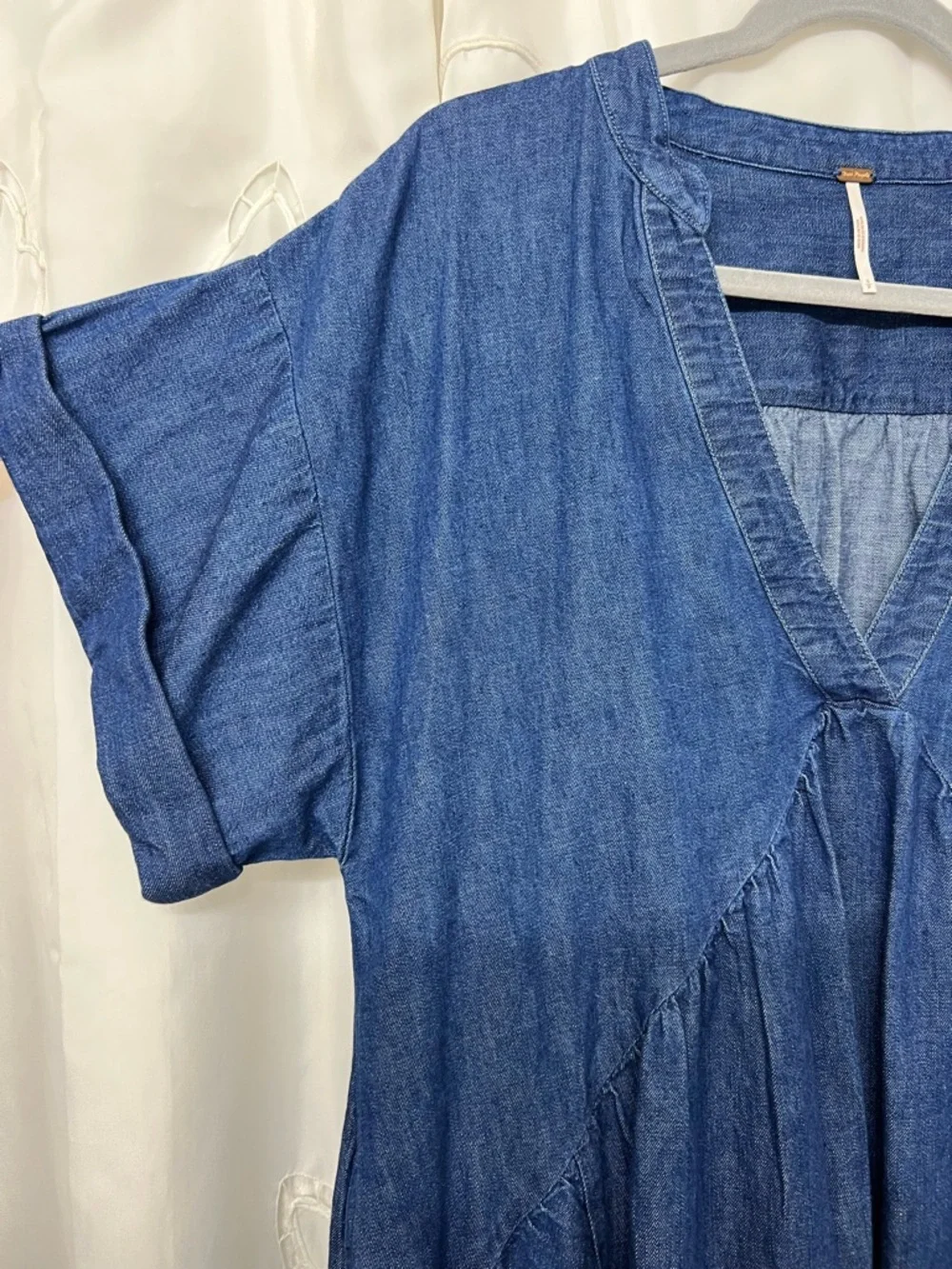Free People NWT Chambray Babydoll Mini Dress Blue Oversized Ruffle Small